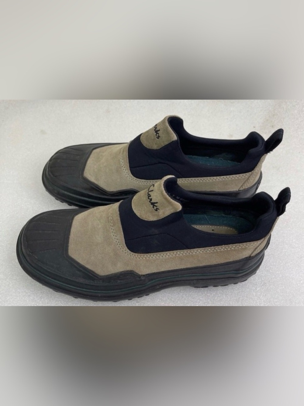 Clarks Muckers Waterproof Suede Slip On Duck Shoe W Sz 6 Tan Black Rain Mud Snow